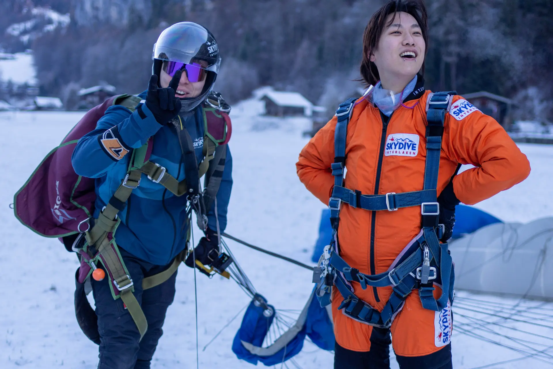 Skydive landing in Lauterbrunnen during winter